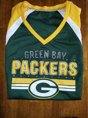 NFL Green Bay Packers Bedazzled V-Neck T-Shirt Jersey Green Youth XL Juniors XS